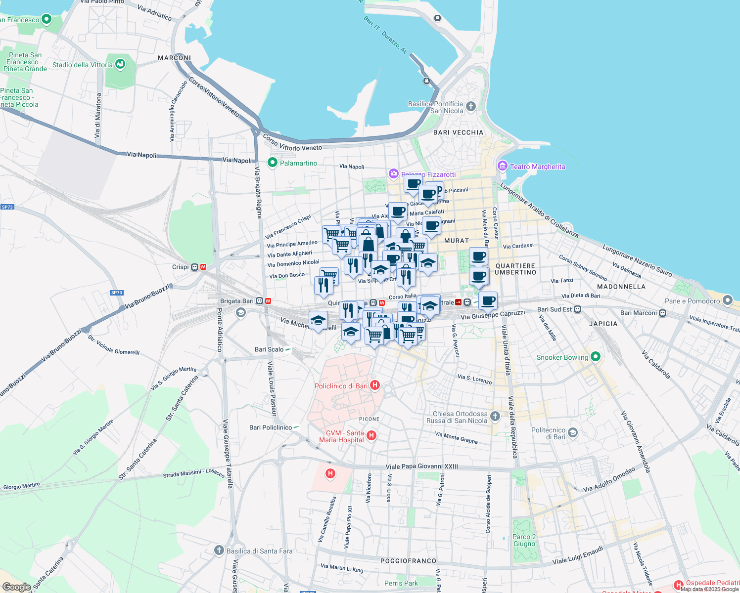 map of restaurants, bars, coffee shops, grocery stores, and more near 53 Corso Italia in Bari