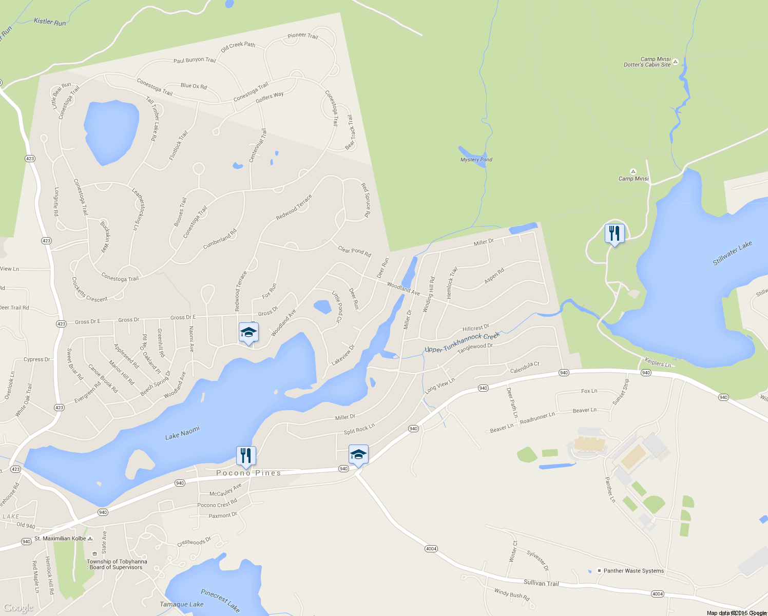 map of restaurants, bars, coffee shops, grocery stores, and more near 6167 Lakeview Drive in Pocono Pines