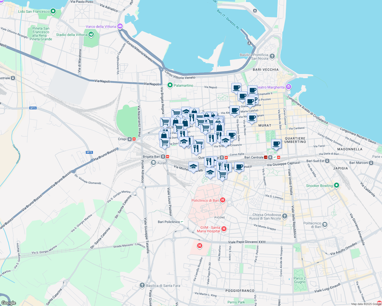 map of restaurants, bars, coffee shops, grocery stores, and more near 165 Corso Italia in Bari