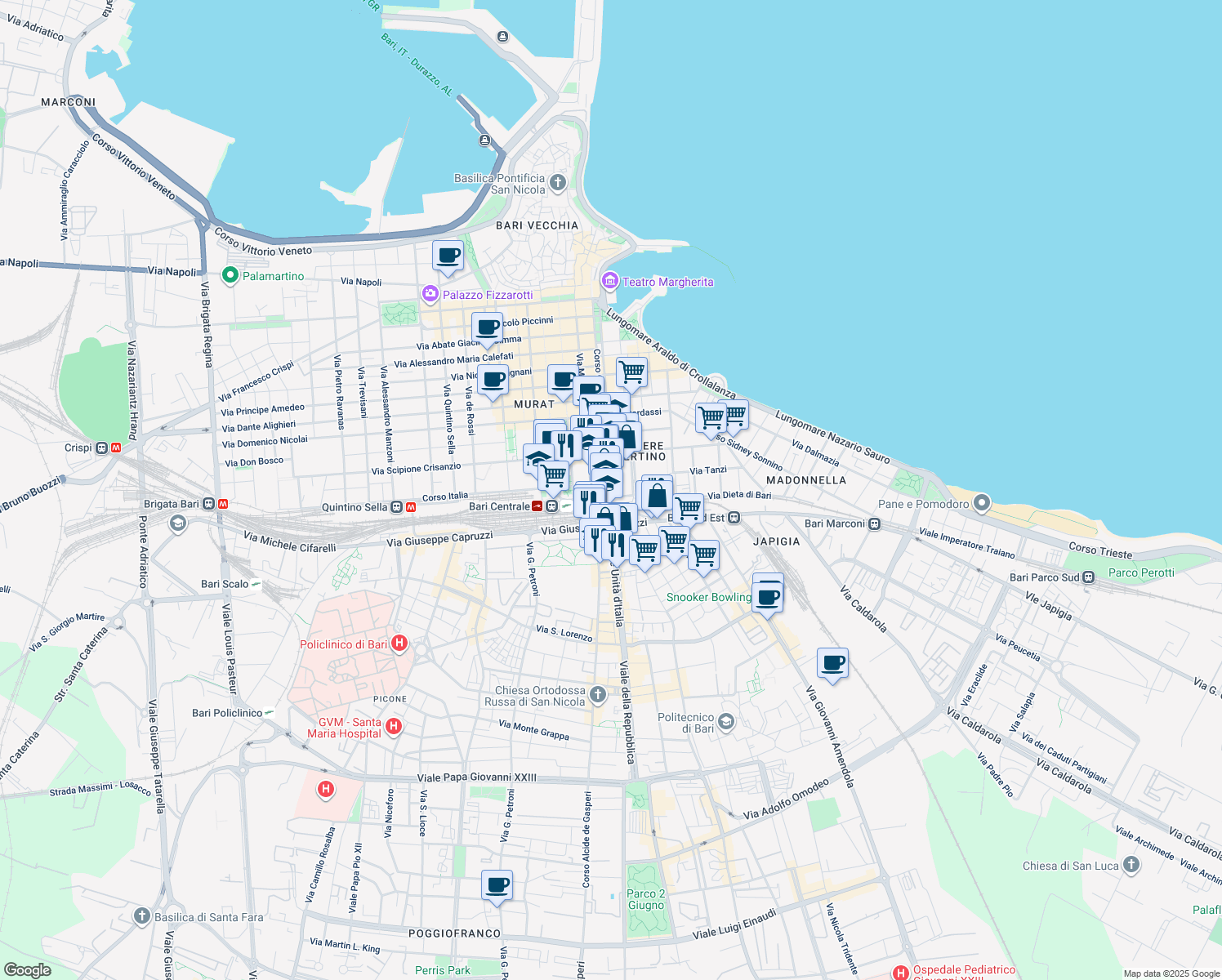 map of restaurants, bars, coffee shops, grocery stores, and more near Corso Cavour in Bari