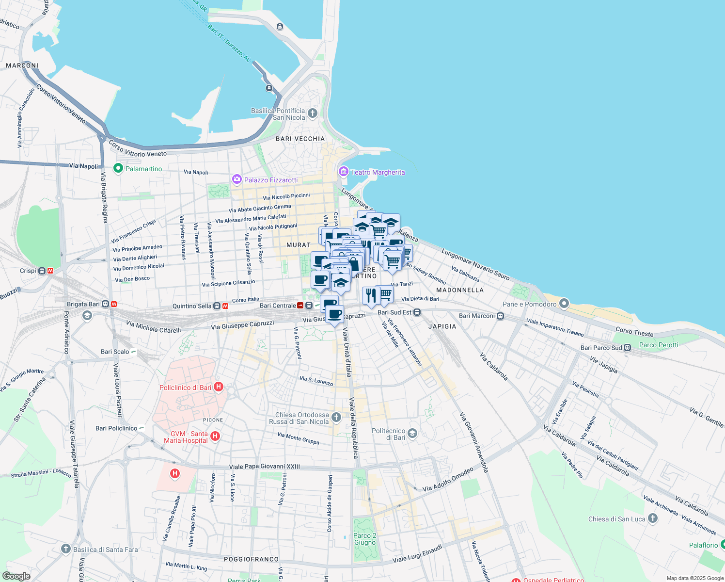 map of restaurants, bars, coffee shops, grocery stores, and more near 40 Via Carulli in Bari