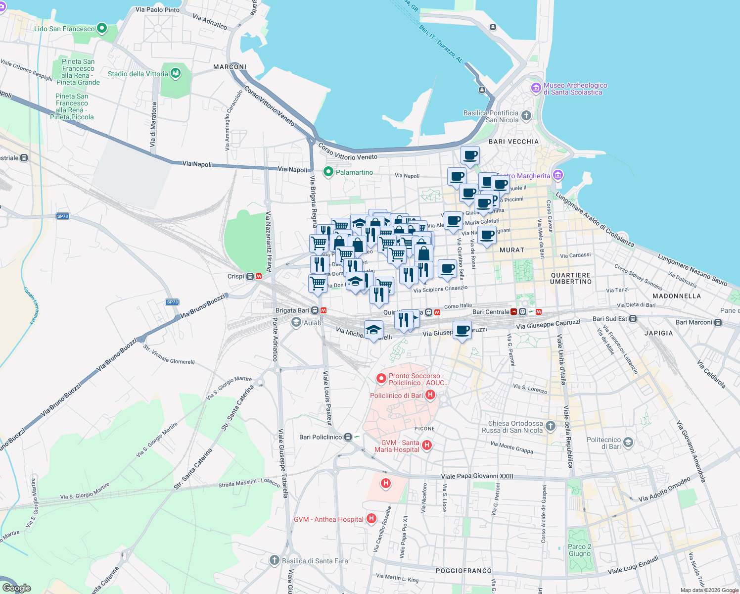 map of restaurants, bars, coffee shops, grocery stores, and more near 193 Via Scipione Crisanzio in Bari
