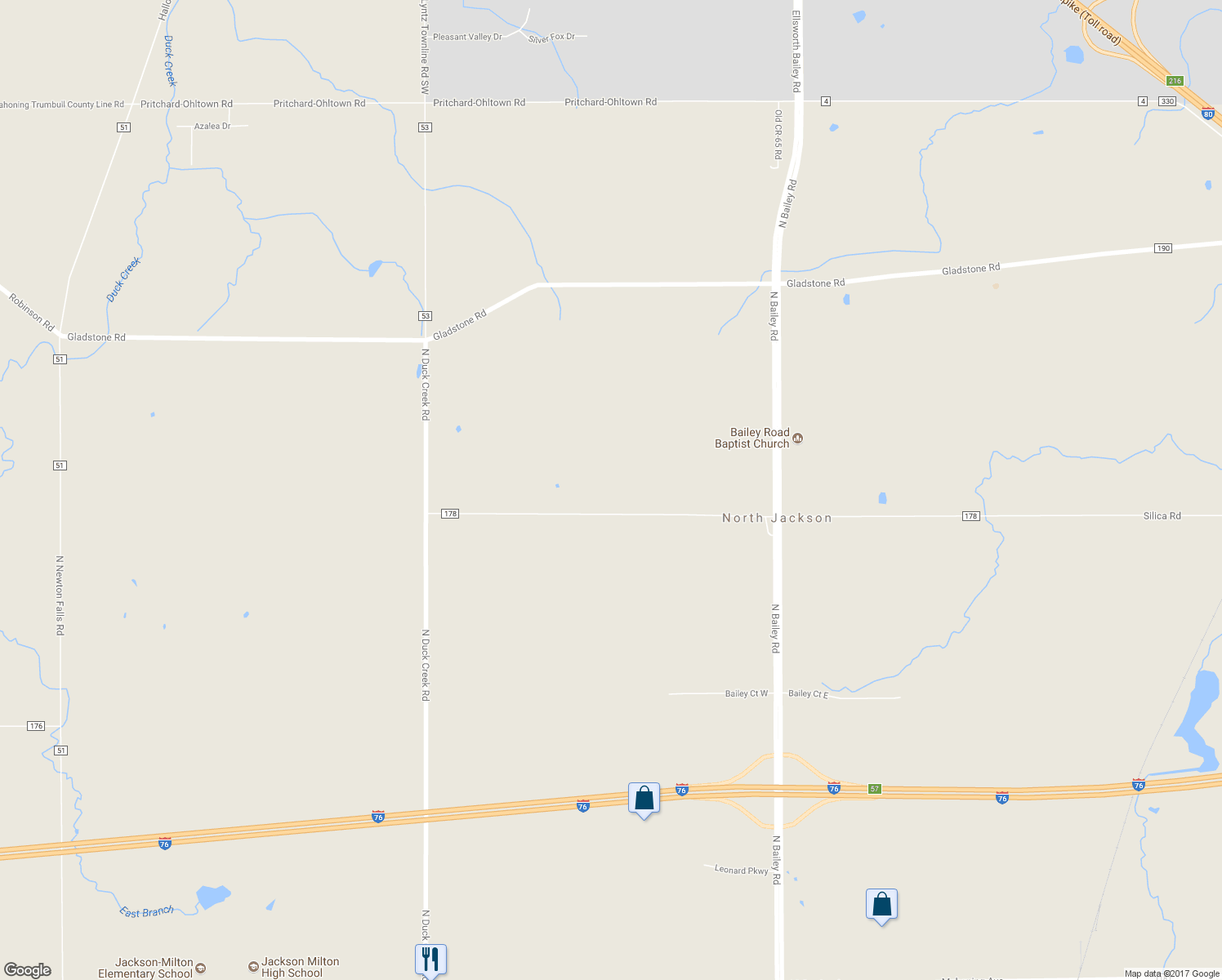 map of restaurants, bars, coffee shops, grocery stores, and more near 12974 Silica Road in North Jackson
