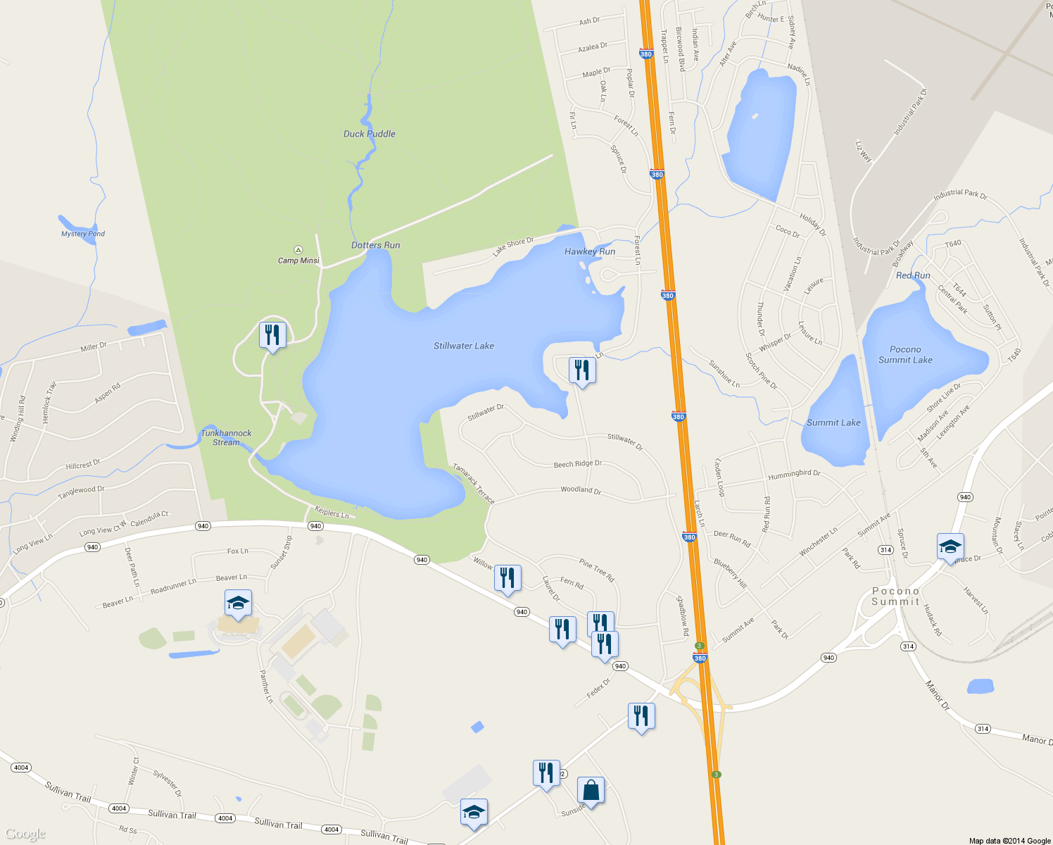 map of restaurants, bars, coffee shops, grocery stores, and more near 123 Stillwater Drive in Pocono Summit