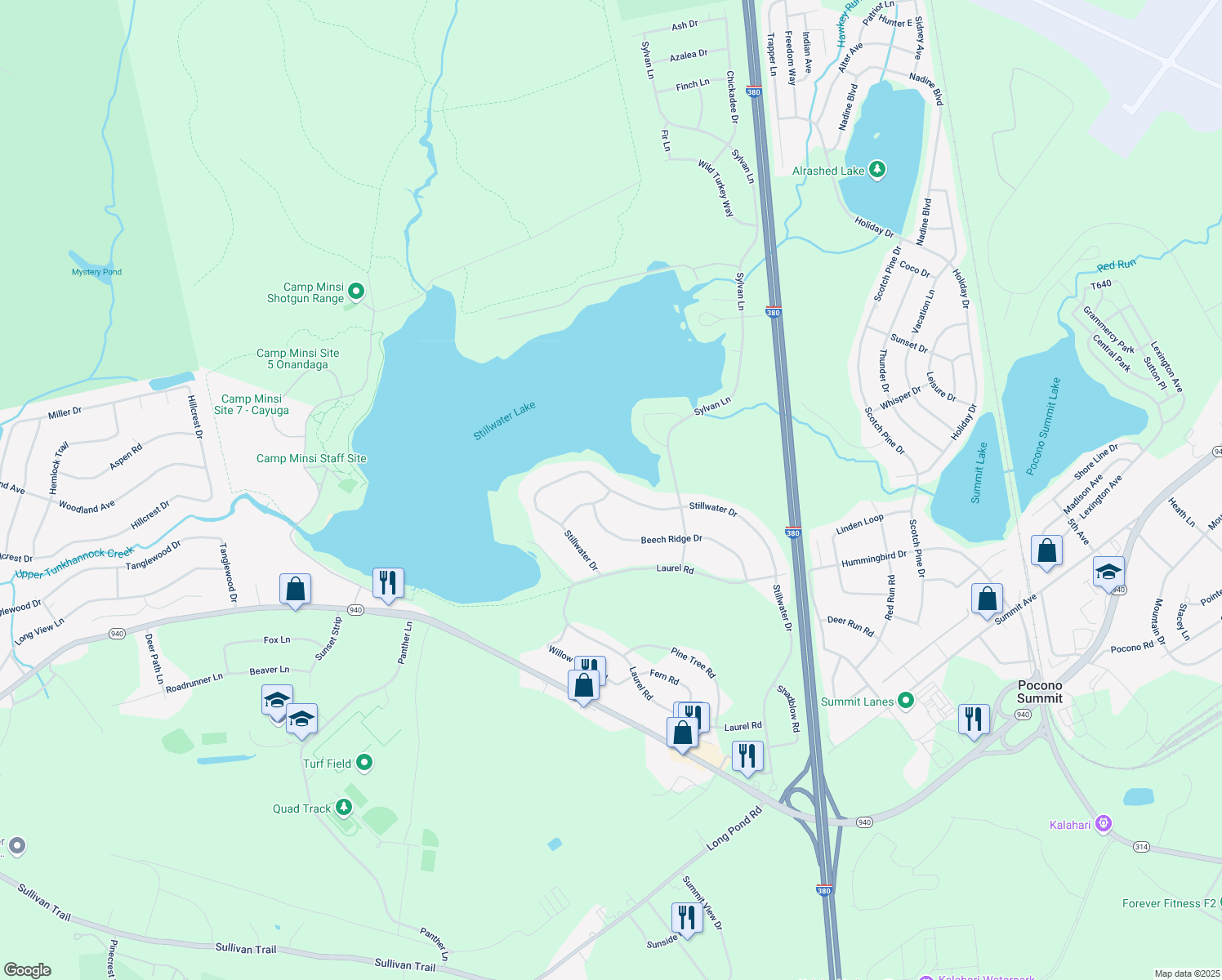 map of restaurants, bars, coffee shops, grocery stores, and more near 117 Stillwater Drive in Pocono Summit
