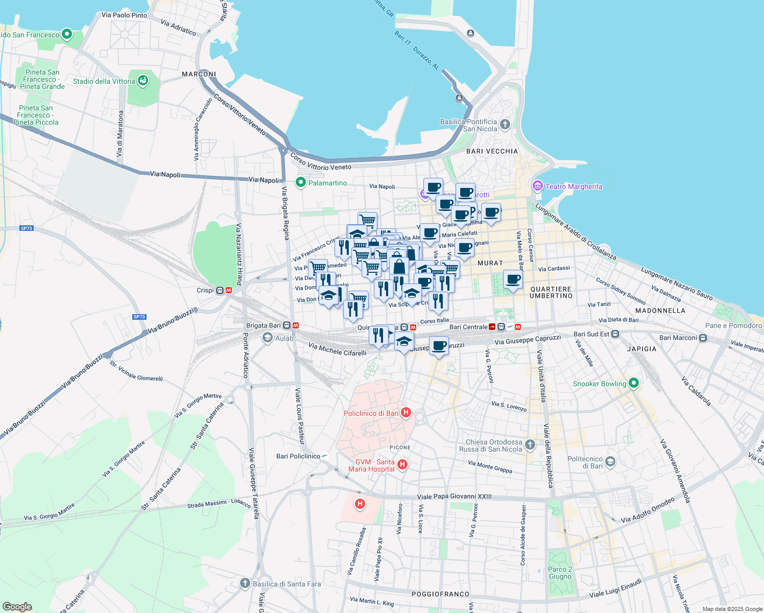 map of restaurants, bars, coffee shops, grocery stores, and more near 305 Via Trevisani in Bari
