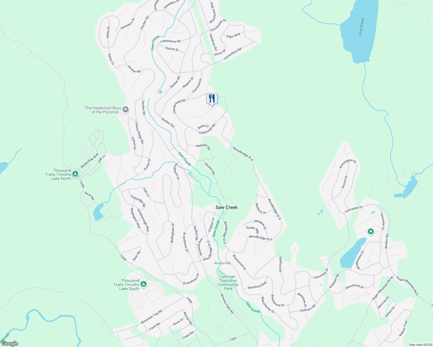 map of restaurants, bars, coffee shops, grocery stores, and more near Decker Road in Bushkill