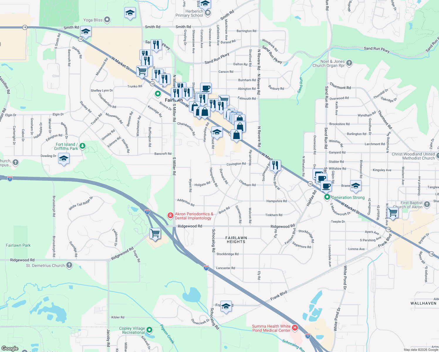 map of restaurants, bars, coffee shops, grocery stores, and more near 174 Durward Rd in Akron