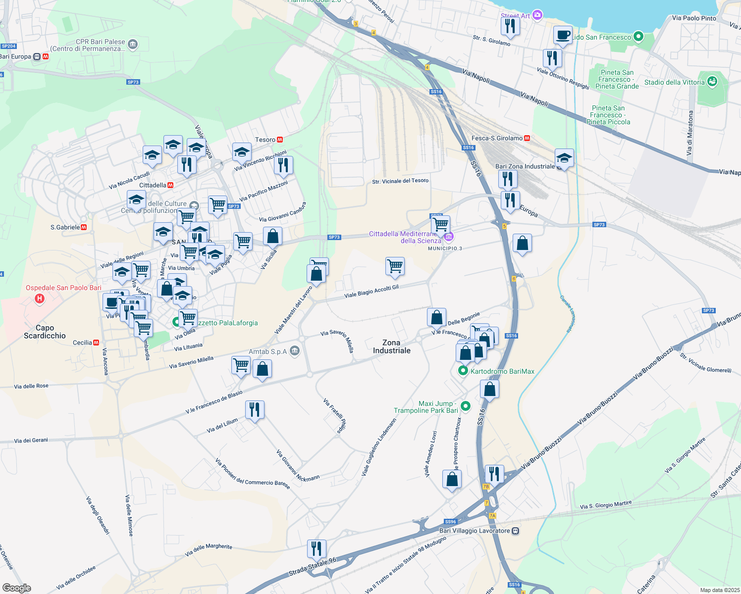 map of restaurants, bars, coffee shops, grocery stores, and more near 26 Viale Biagio Accolti Gil in Bari