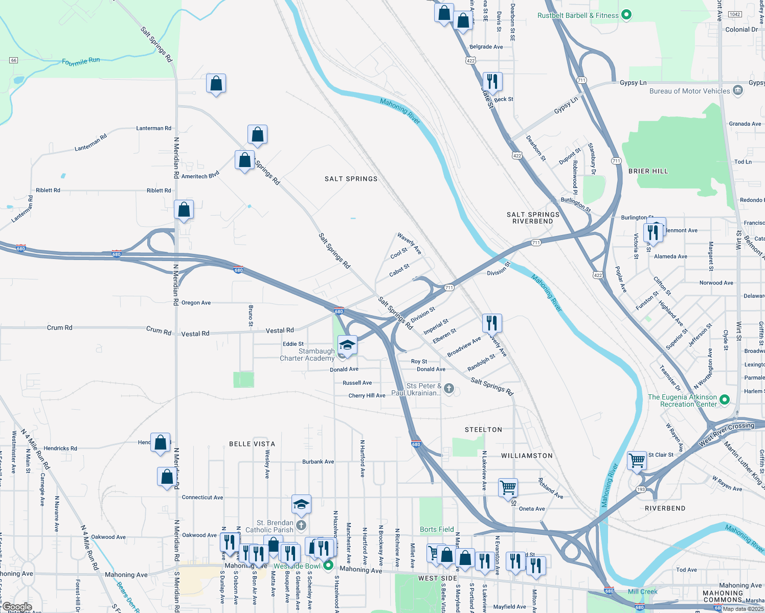 map of restaurants, bars, coffee shops, grocery stores, and more near 1614 Salt Springs Road in Youngstown