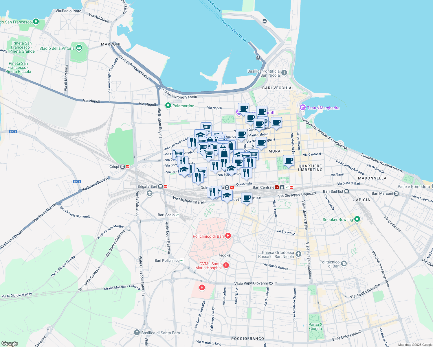 map of restaurants, bars, coffee shops, grocery stores, and more near 305 Via Trevisani in Bari