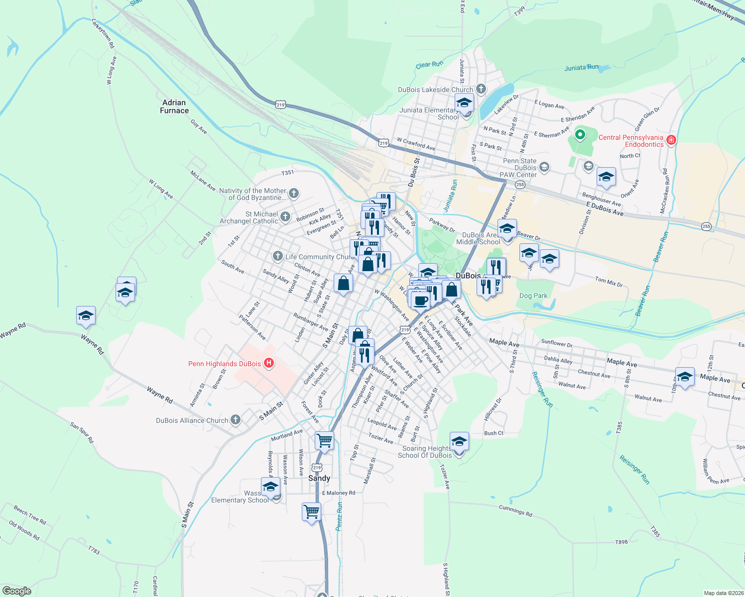 map of restaurants, bars, coffee shops, grocery stores, and more near 111 S Franklin St in DuBois