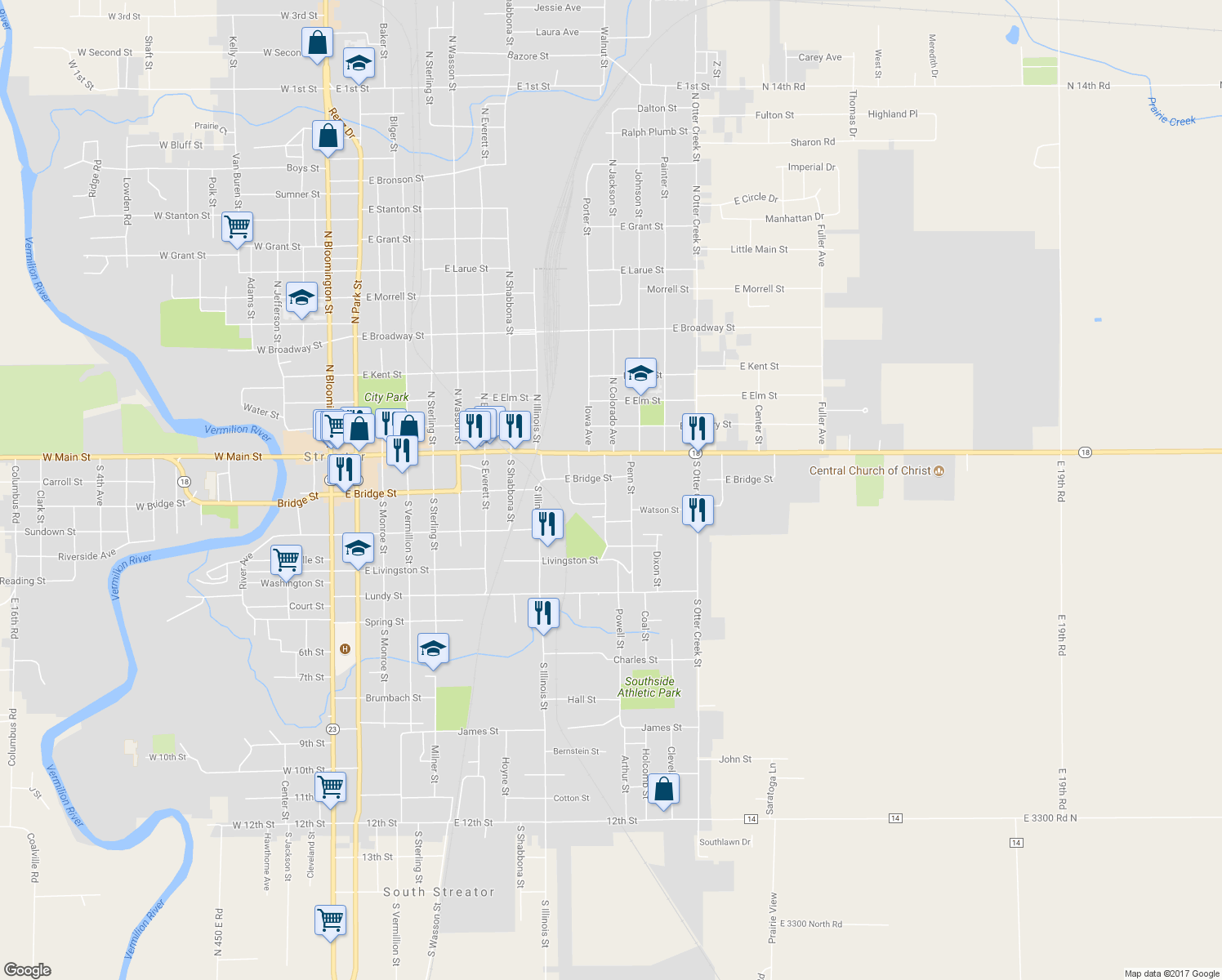 map of restaurants, bars, coffee shops, grocery stores, and more near 207 South Colorado Avenue in Streator
