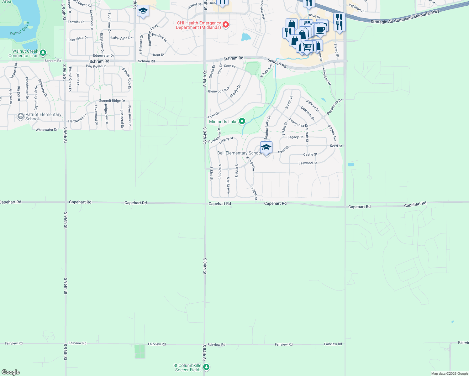 map of restaurants, bars, coffee shops, grocery stores, and more near 12708 S 81St St in Papillion