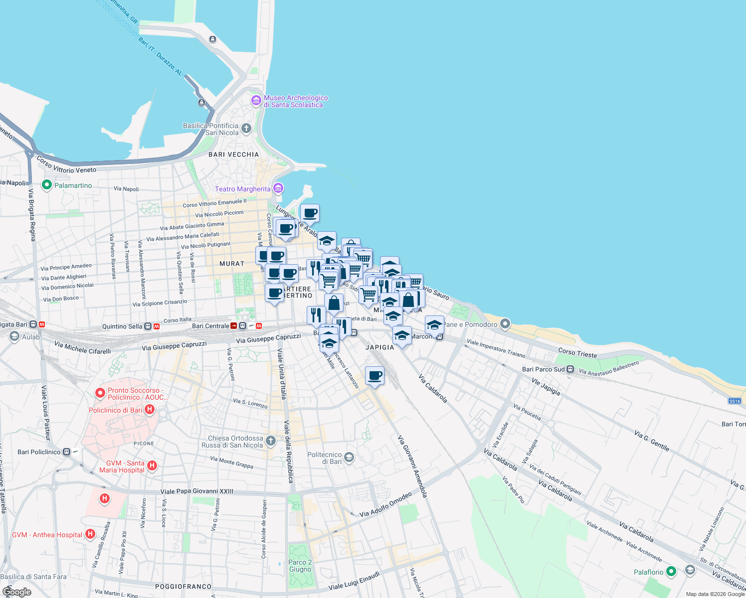 map of restaurants, bars, coffee shops, grocery stores, and more near 10 Via Cattaro in Bari