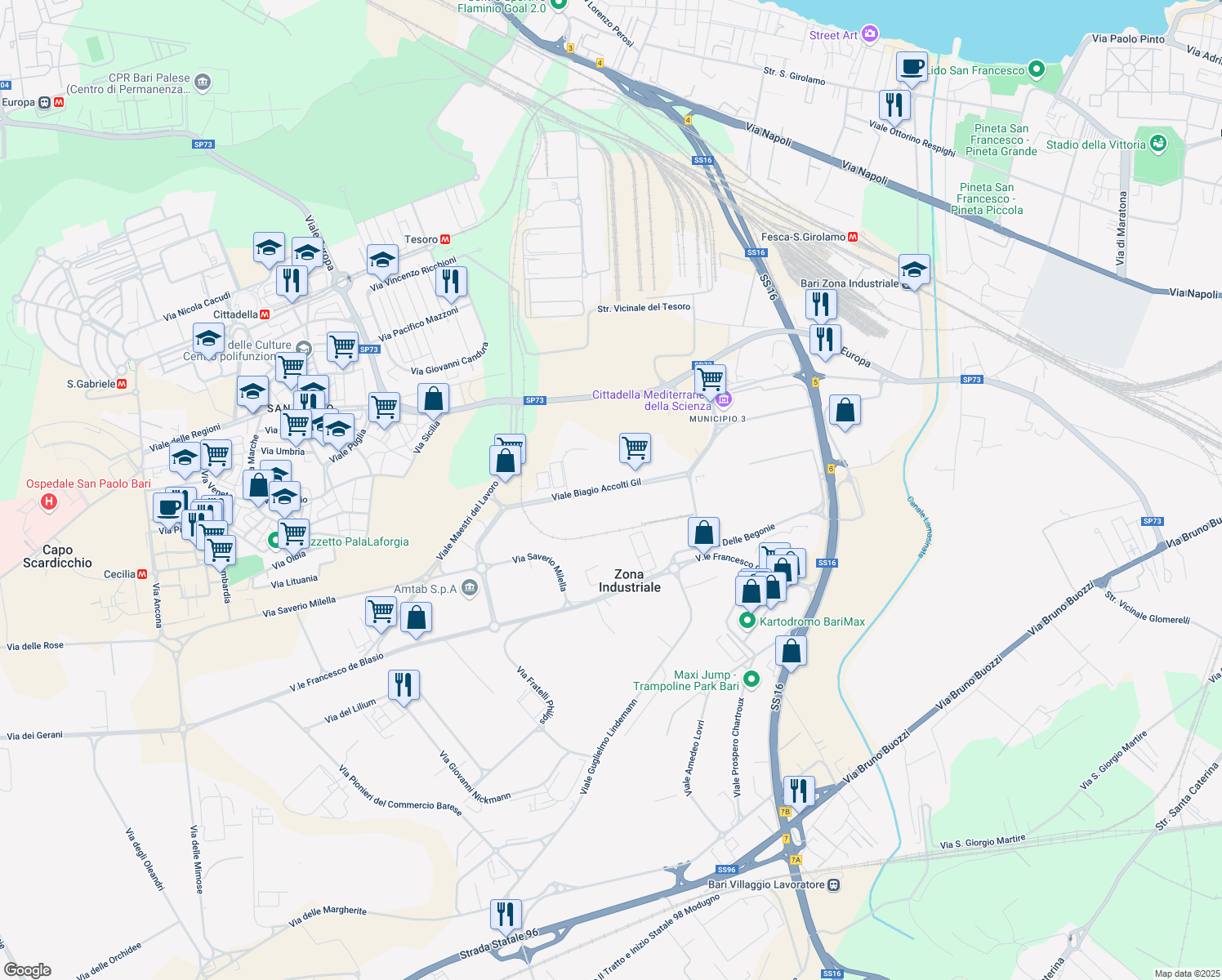 map of restaurants, bars, coffee shops, grocery stores, and more near 26 Viale Biagio Accolti Gil in Bari