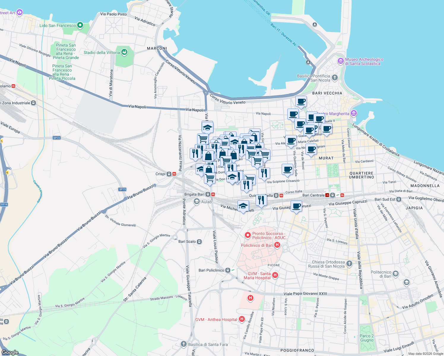 map of restaurants, bars, coffee shops, grocery stores, and more near 55 Via Monsignor Nitti Francesco in Bari