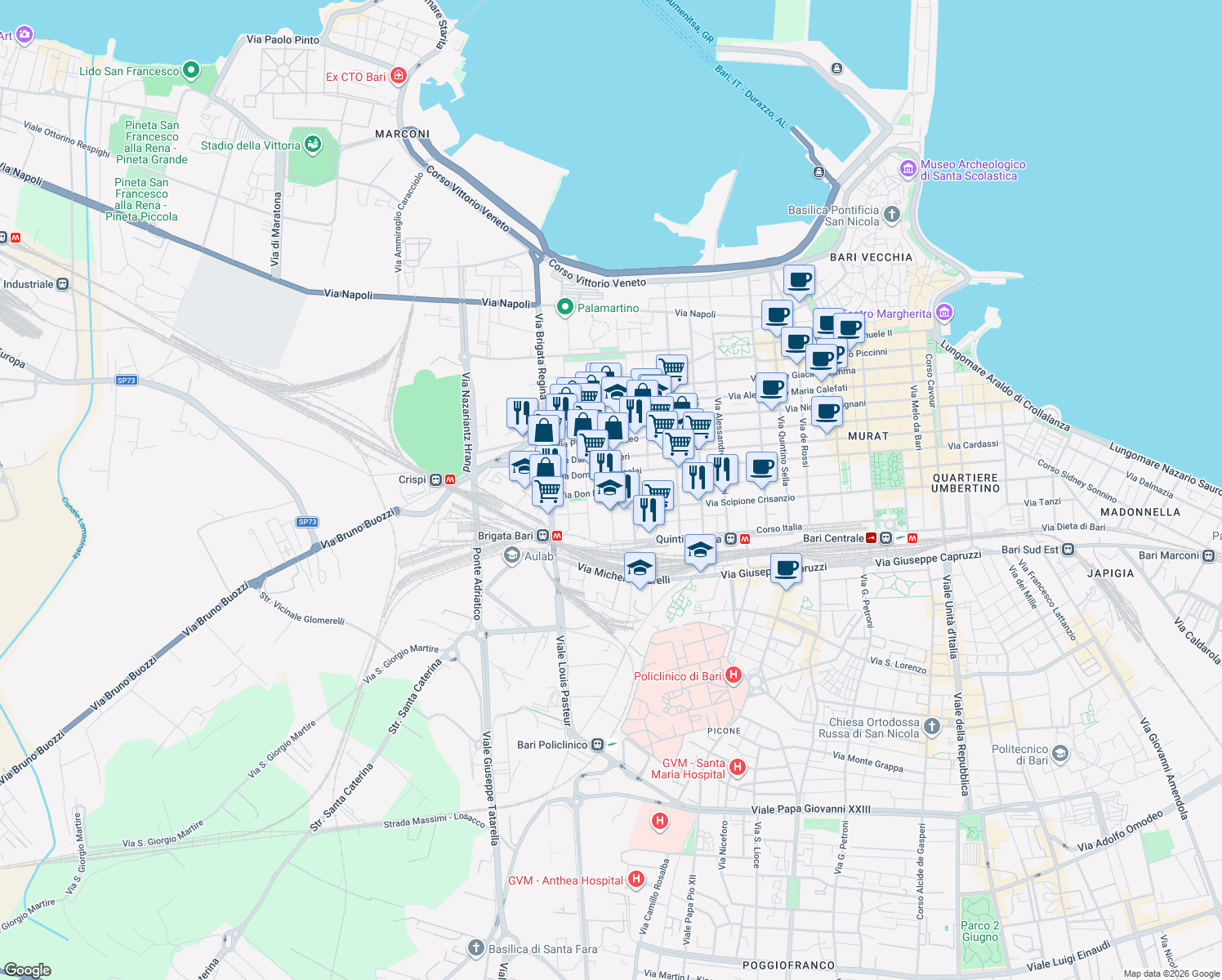map of restaurants, bars, coffee shops, grocery stores, and more near 72 Viale Martiri del 1799 in Altamura