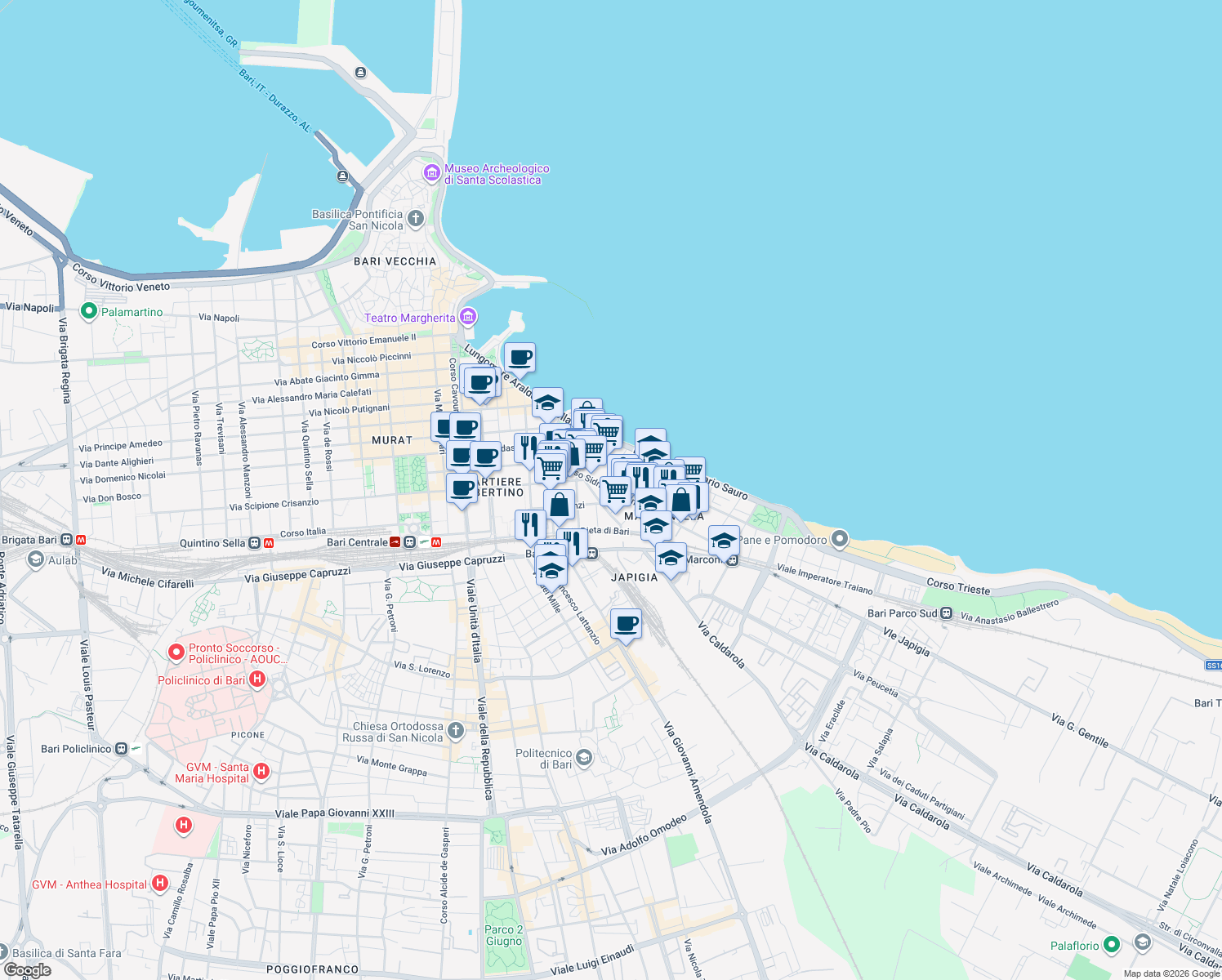 map of restaurants, bars, coffee shops, grocery stores, and more near 10 Via Cattaro in Bari