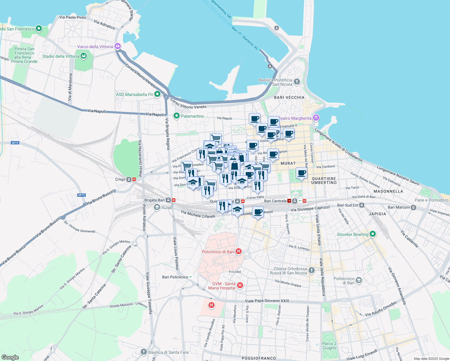 map of restaurants, bars, coffee shops, grocery stores, and more near 305 Via Trevisani in Bari