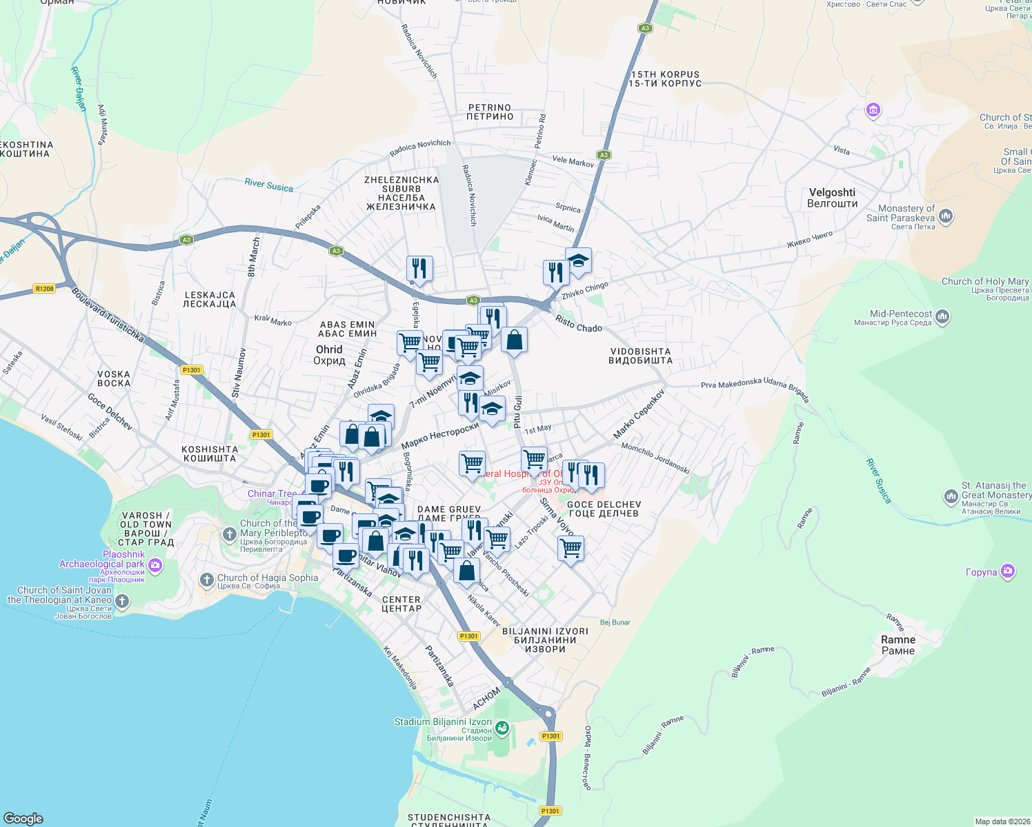 map of restaurants, bars, coffee shops, grocery stores, and more near Pitu Guli in Ohrid