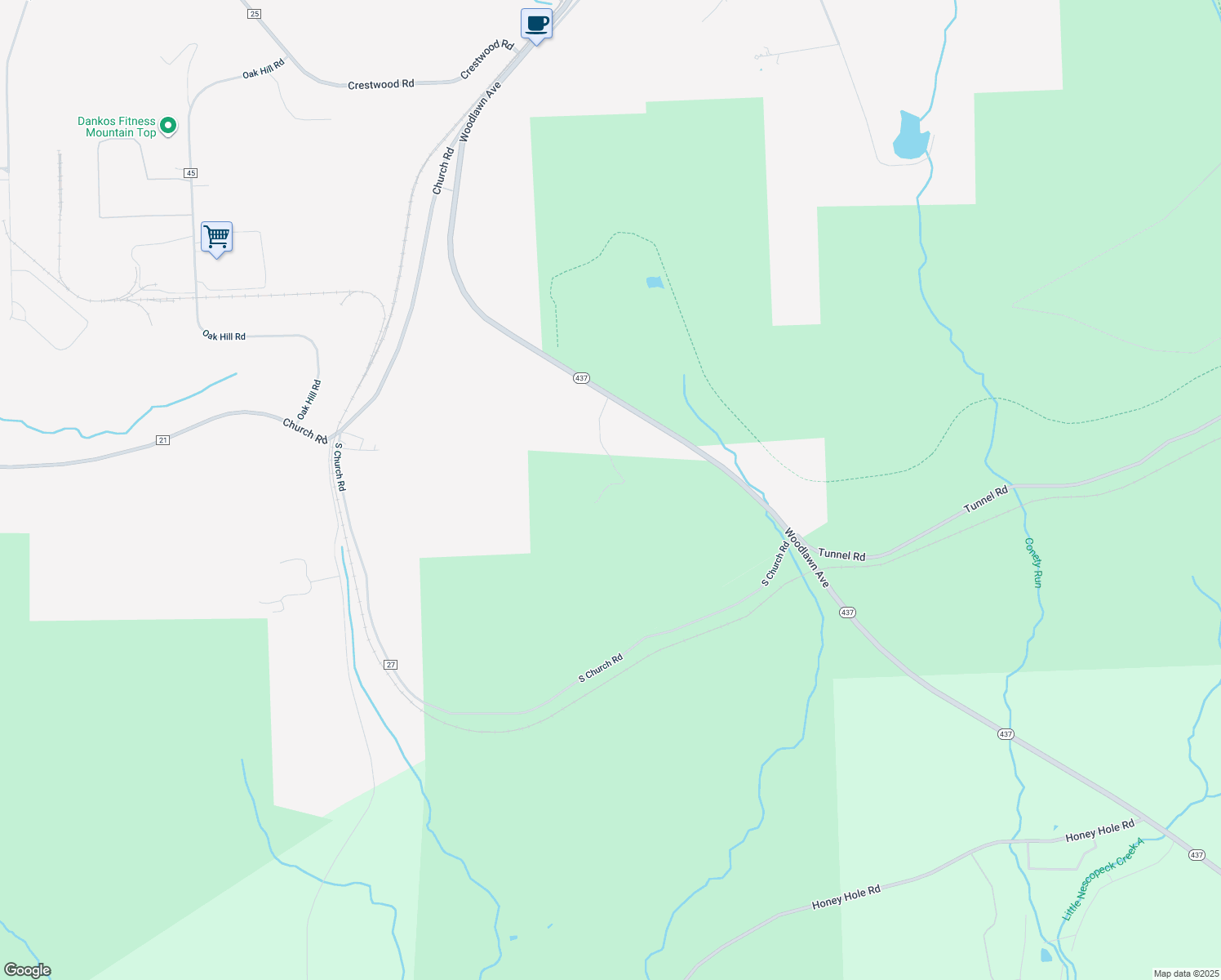 map of restaurants, bars, coffee shops, grocery stores, and more near 629 Woodlawn Avenue in Mountain Top