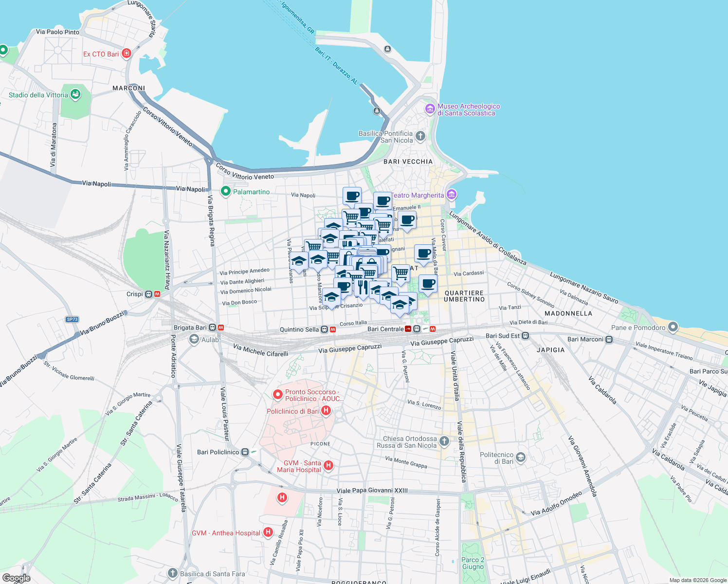 map of restaurants, bars, coffee shops, grocery stores, and more near 183 Via Quintino Sella in Bari