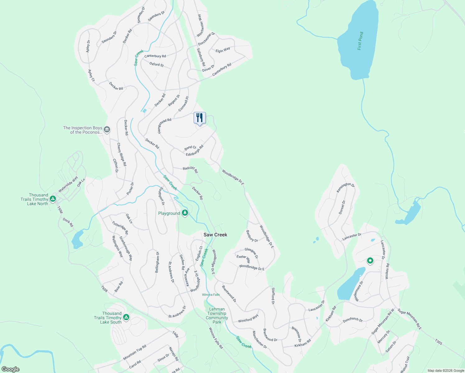 map of restaurants, bars, coffee shops, grocery stores, and more near 1553-1619 Woodbridge Dr E in Bushkill