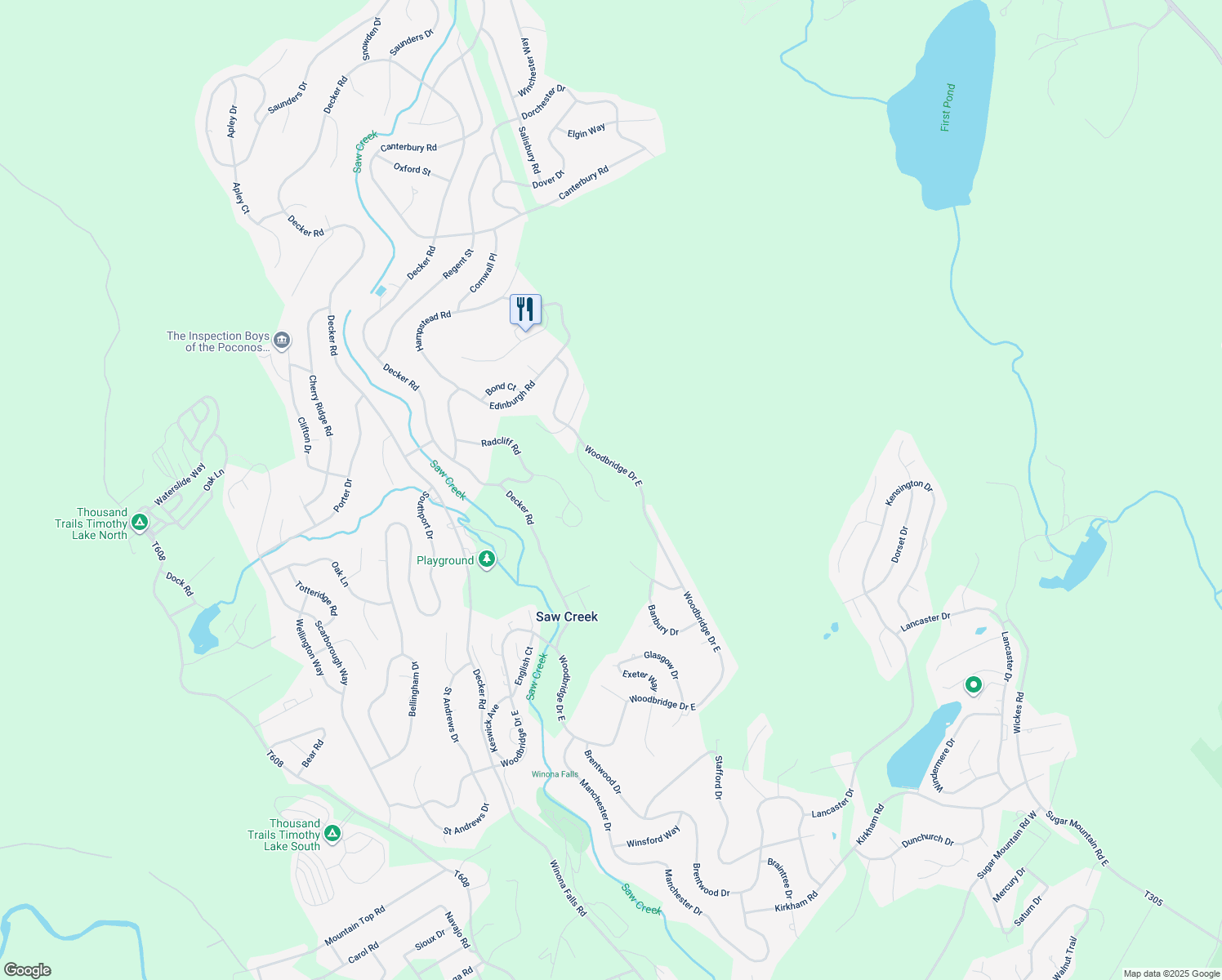 map of restaurants, bars, coffee shops, grocery stores, and more near 141 Mansfield Court in Saw Creek