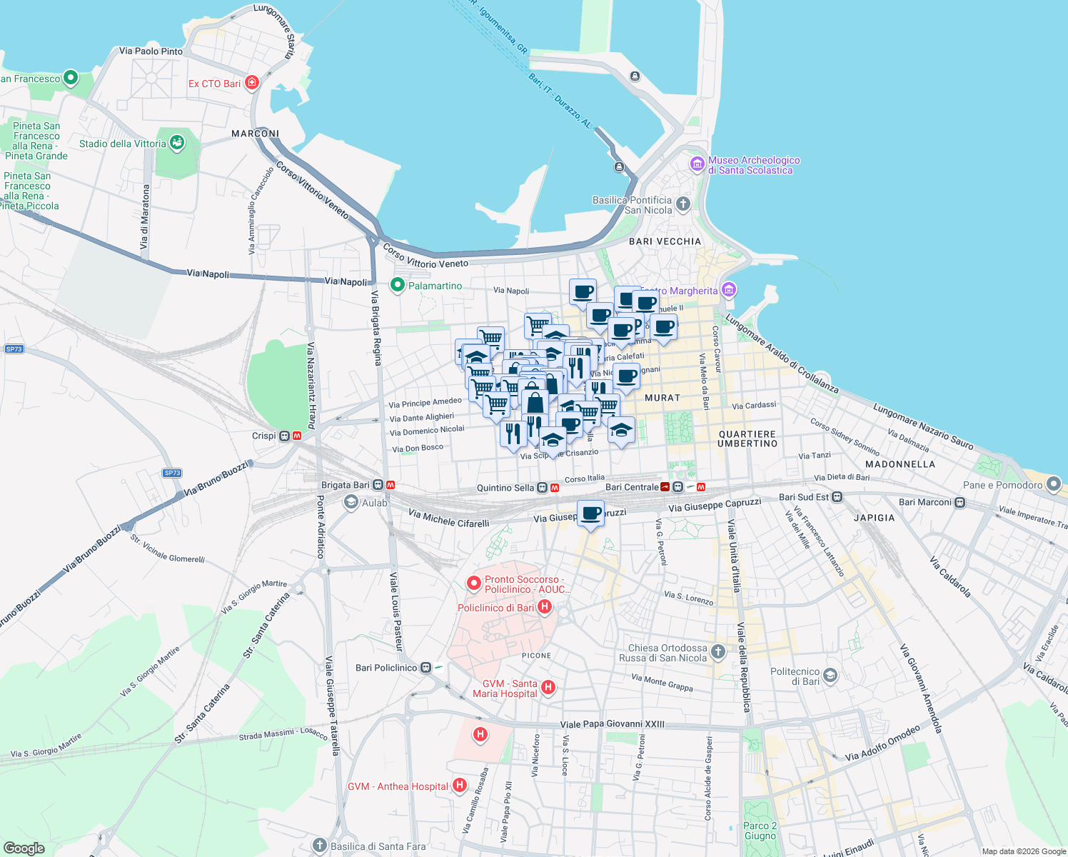 map of restaurants, bars, coffee shops, grocery stores, and more near 134 Via Alessandro Manzoni in Bari
