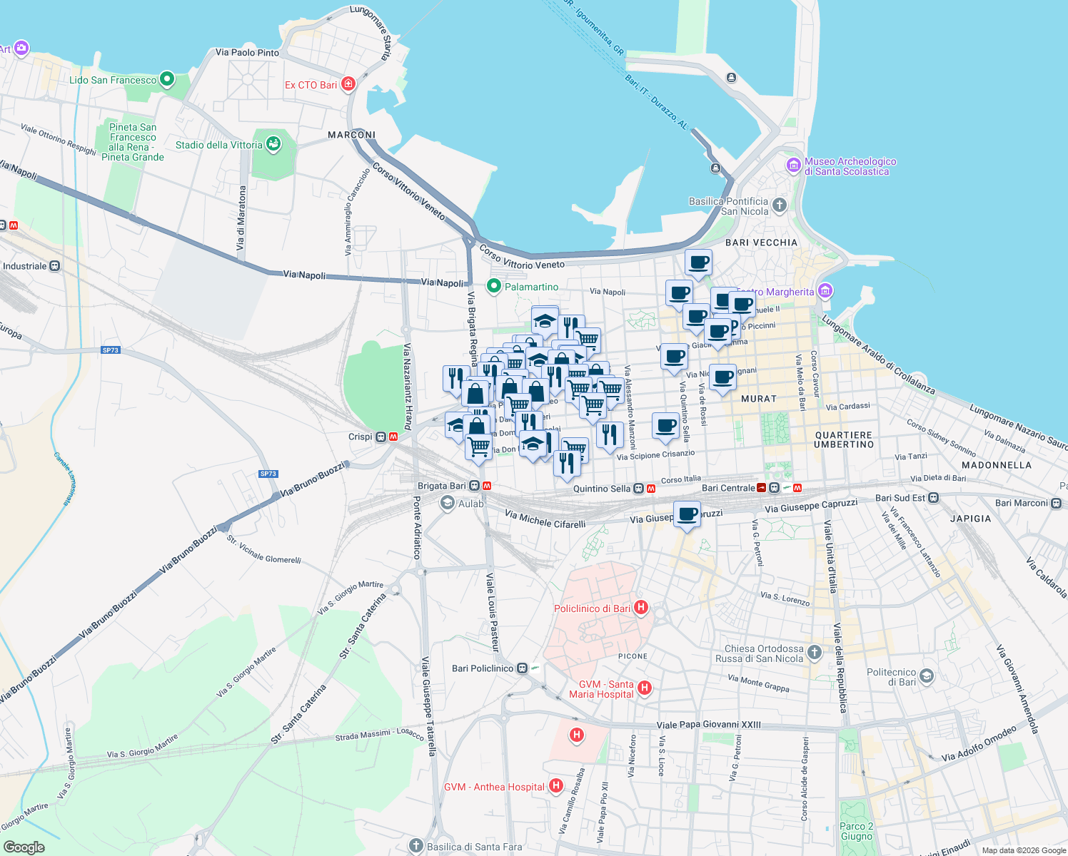 map of restaurants, bars, coffee shops, grocery stores, and more near 478 Via Dante Alighieri in Bari