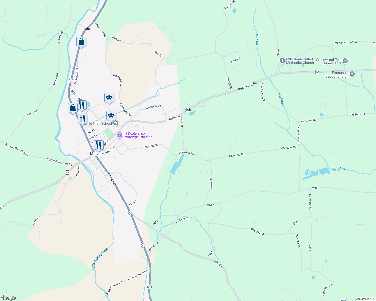 map of restaurants, bars, coffee shops, grocery stores, and more near 56 Lake Road in Millville