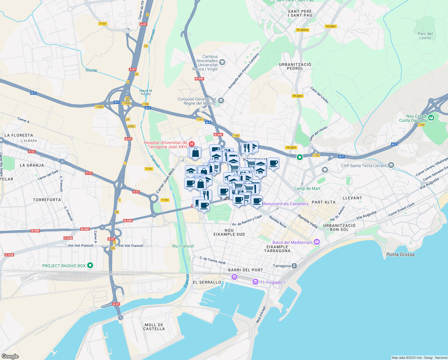 map of restaurants, bars, coffee shops, grocery stores, and more near 5 Rambla President Lluís Companys in Tarragona