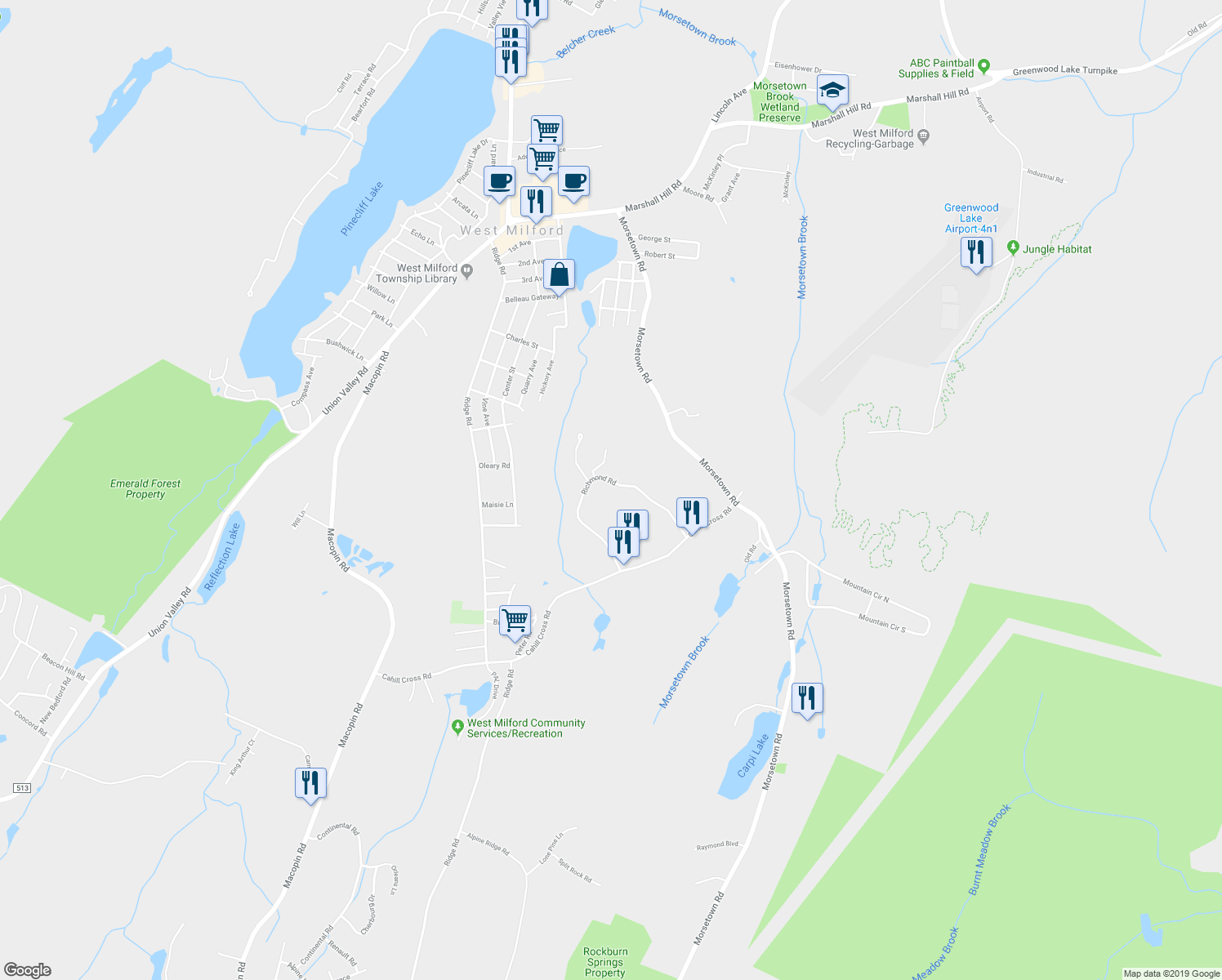 map of restaurants, bars, coffee shops, grocery stores, and more near 6215 Richmond Road in West Milford