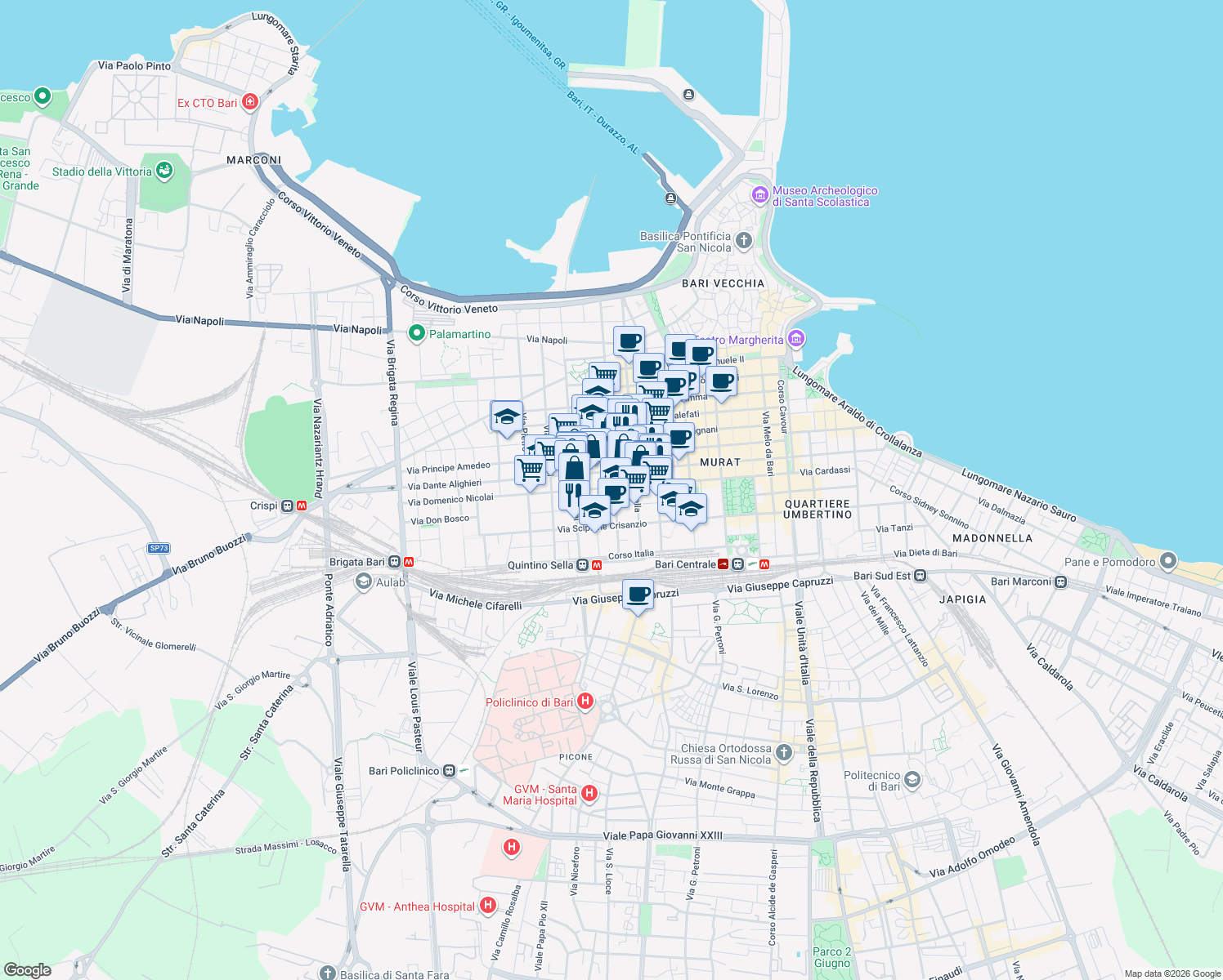 map of restaurants, bars, coffee shops, grocery stores, and more near 153-211 Via Domenico Nicolai in Bari