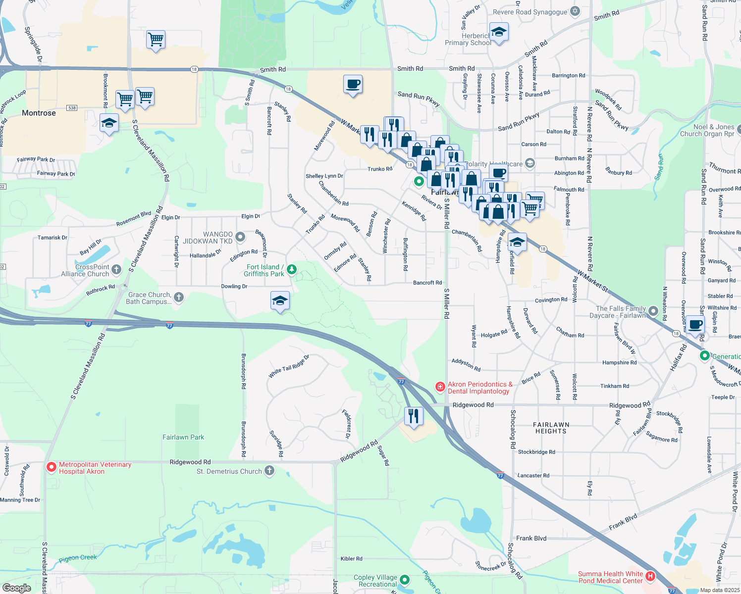 map of restaurants, bars, coffee shops, grocery stores, and more near 2905 Erie Drive in Fairlawn