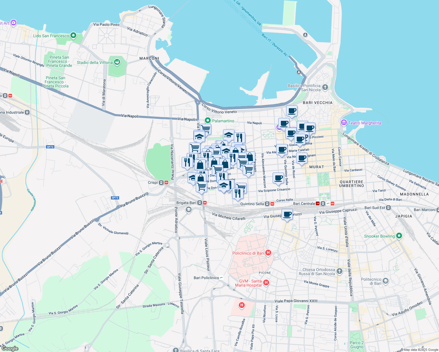 map of restaurants, bars, coffee shops, grocery stores, and more near 21 Via Monsignor Nitti Francesco in Bari
