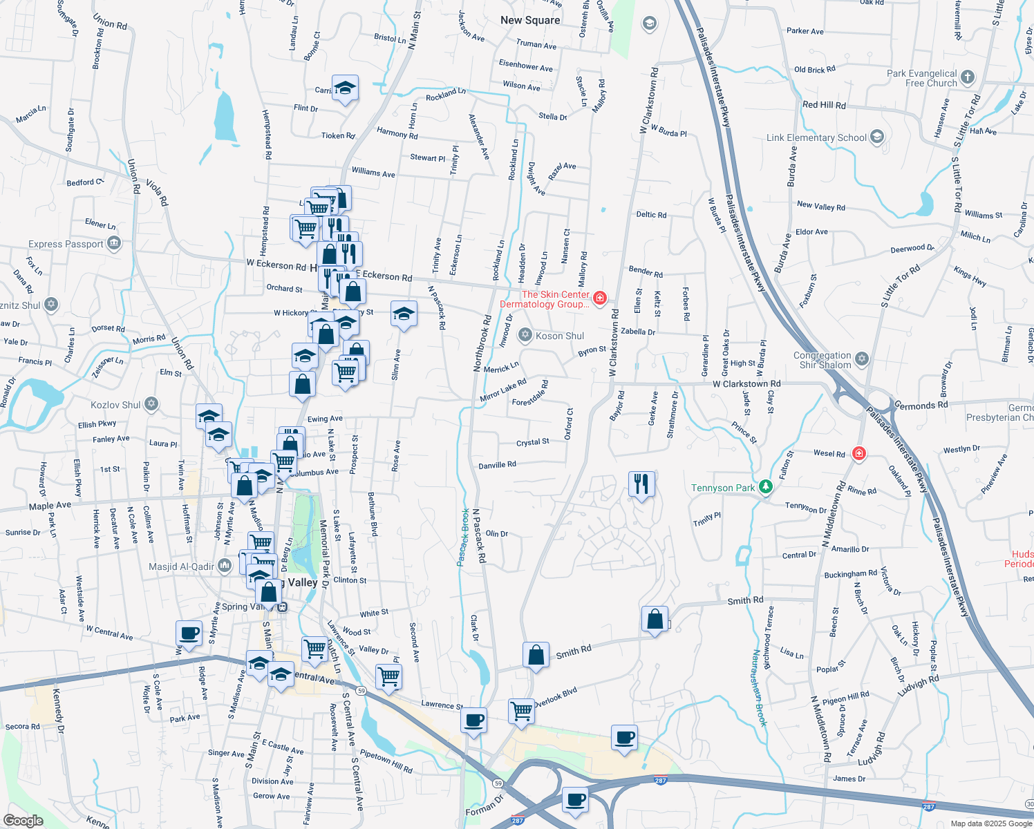 map of restaurants, bars, coffee shops, grocery stores, and more near 17 Hazel Ct in Spring Valley