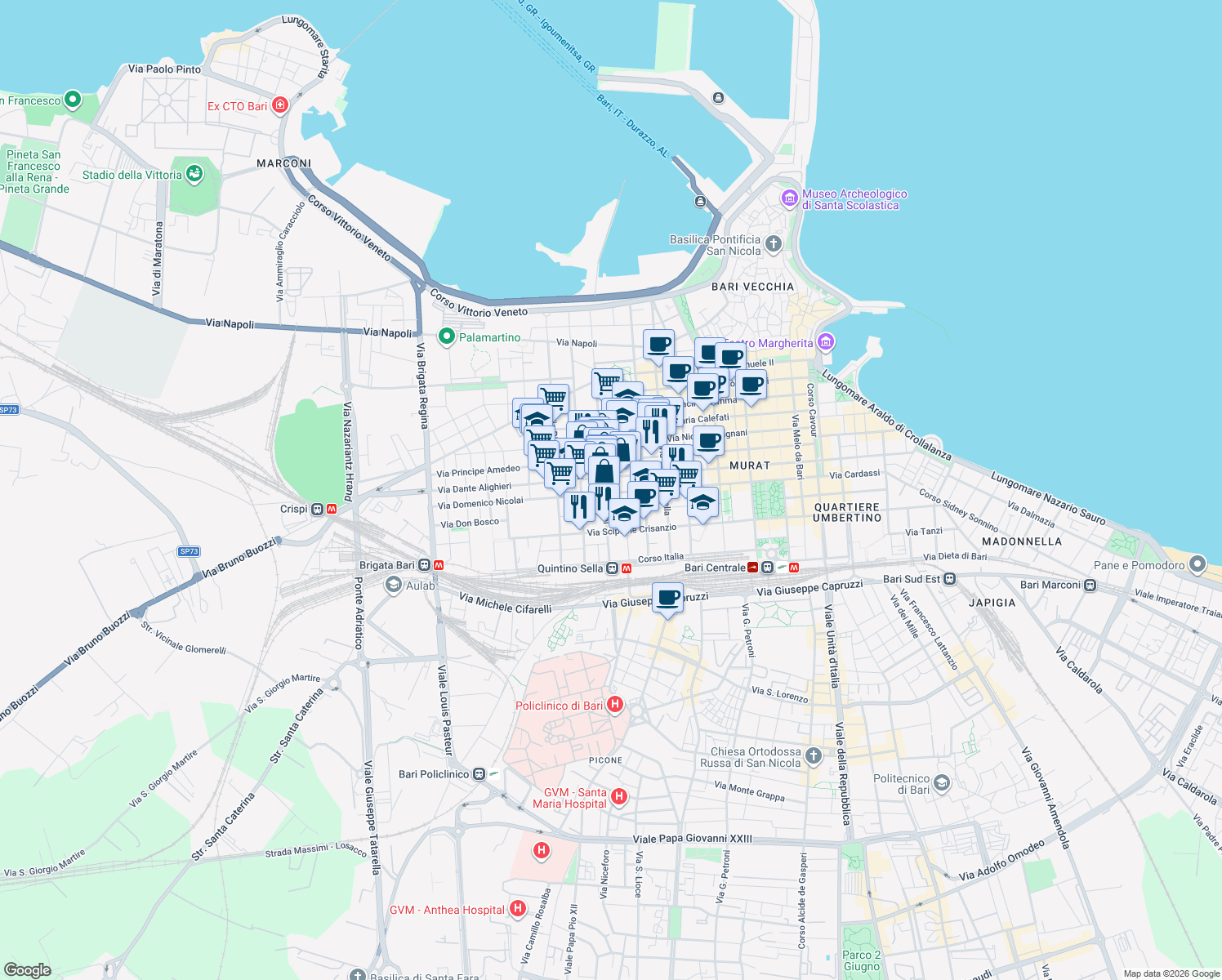 map of restaurants, bars, coffee shops, grocery stores, and more near 211 Via Domenico Nicolai in Bari