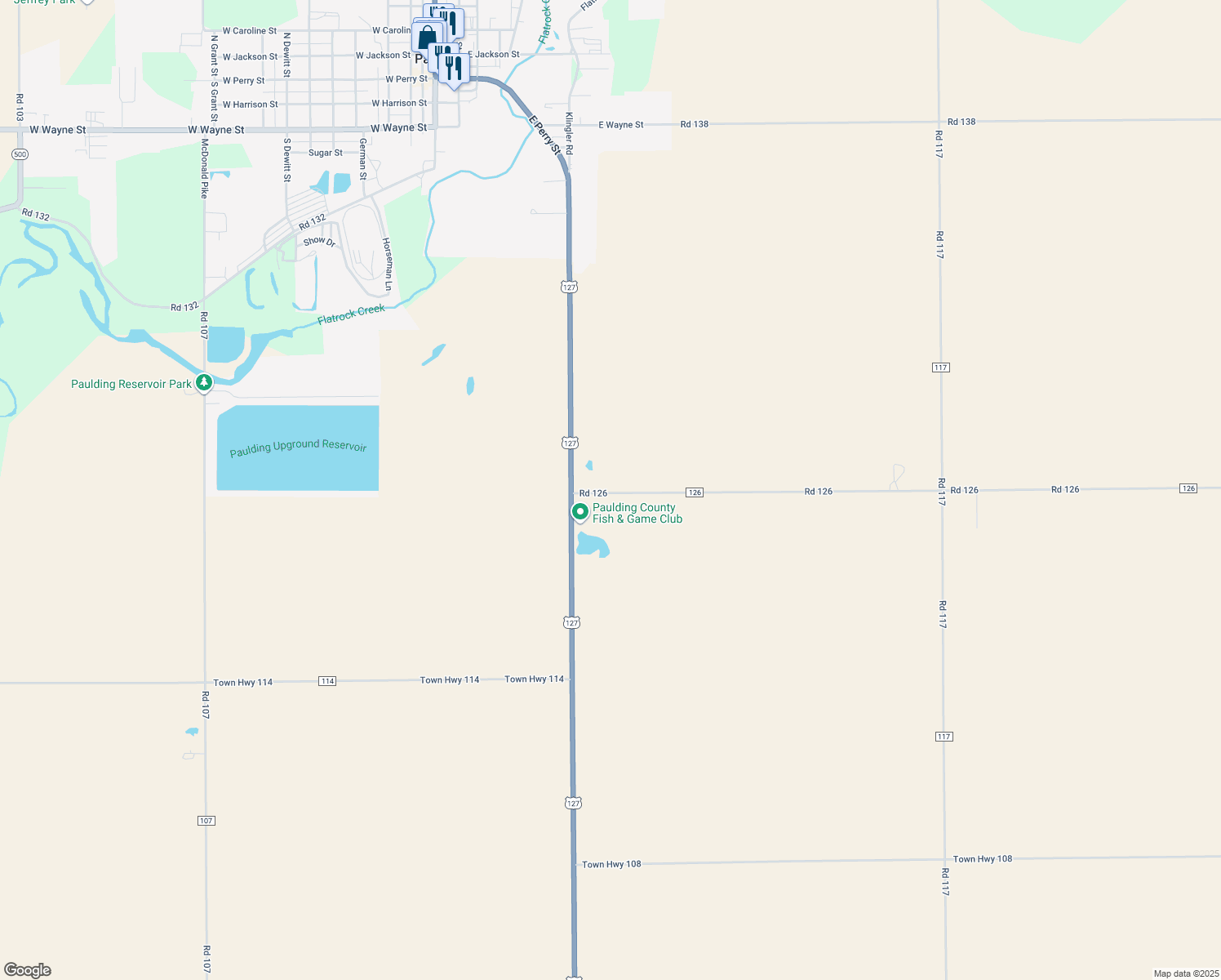 map of restaurants, bars, coffee shops, grocery stores, and more near 13095 Road 126 in Paulding