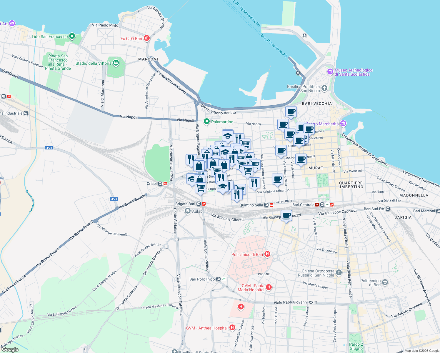 map of restaurants, bars, coffee shops, grocery stores, and more near 478 Via Dante Alighieri in Bari