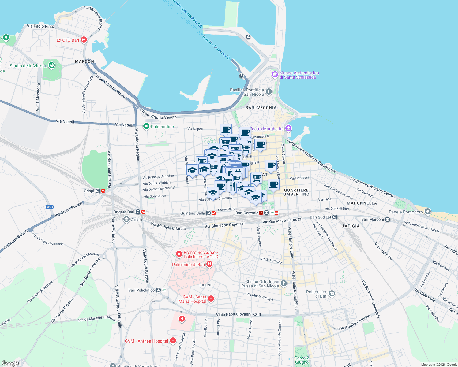 map of restaurants, bars, coffee shops, grocery stores, and more near 183 Via Quintino Sella in Bari
