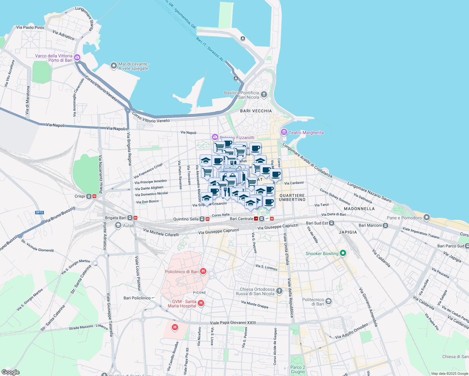 map of restaurants, bars, coffee shops, grocery stores, and more near 18 Via Domenico Nicolai in Bari