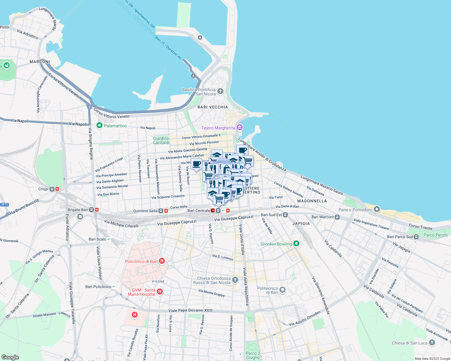 map of restaurants, bars, coffee shops, grocery stores, and more near 27 Piazza Umberto I in Bari