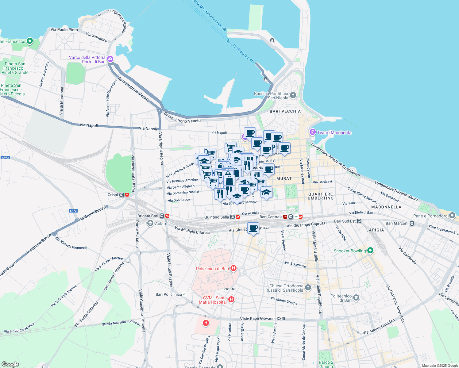 map of restaurants, bars, coffee shops, grocery stores, and more near 134 Via Alessandro Manzoni in Bari