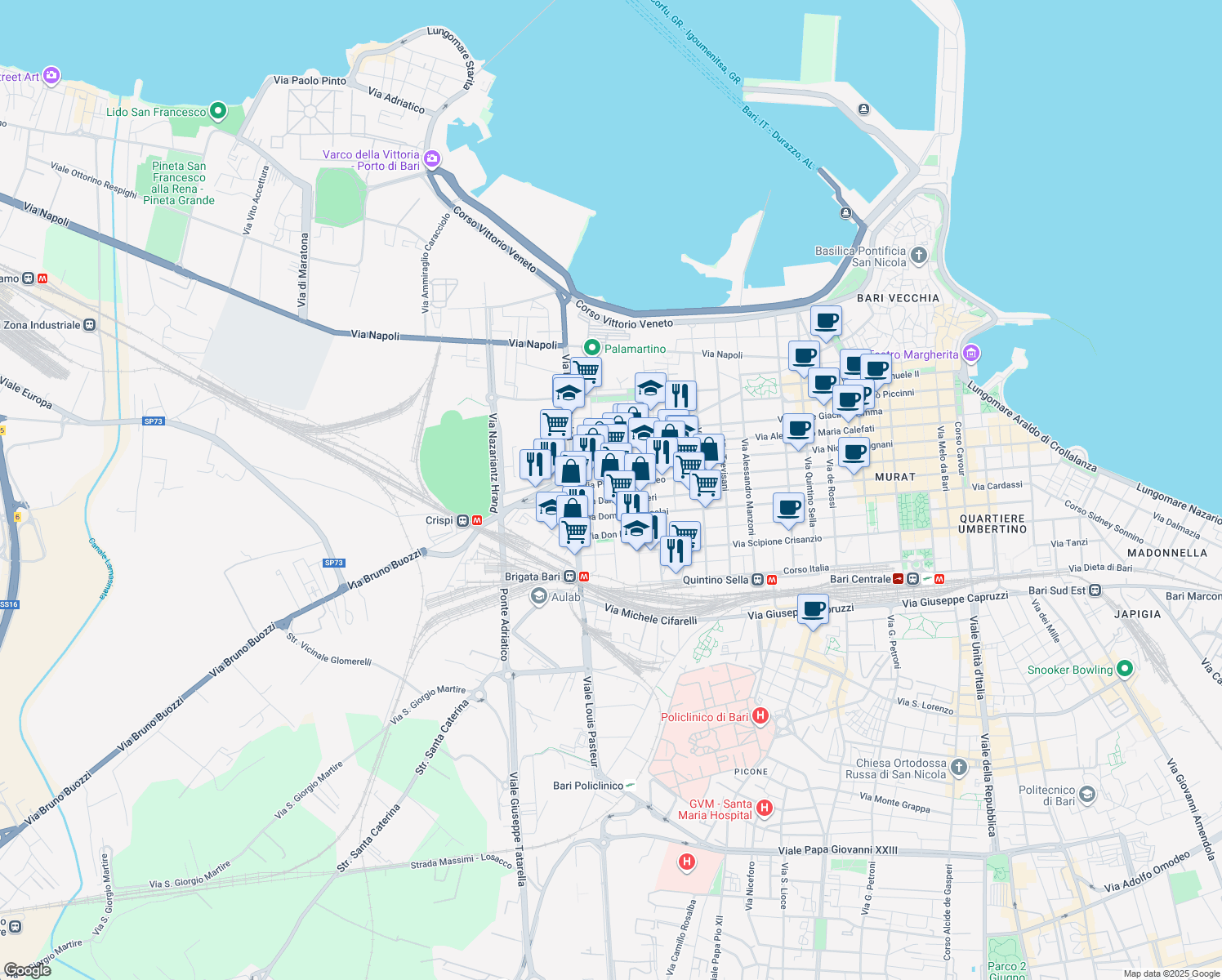 map of restaurants, bars, coffee shops, grocery stores, and more near 21 Via Monsignor Nitti Francesco in Bari
