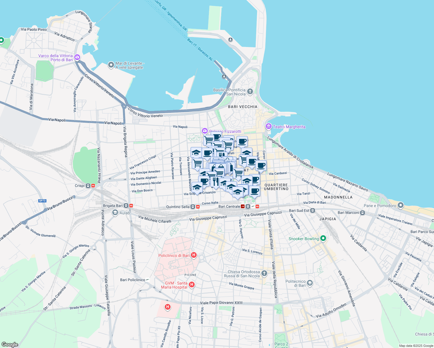 map of restaurants, bars, coffee shops, grocery stores, and more near 18 Via Domenico Nicolai in Bari