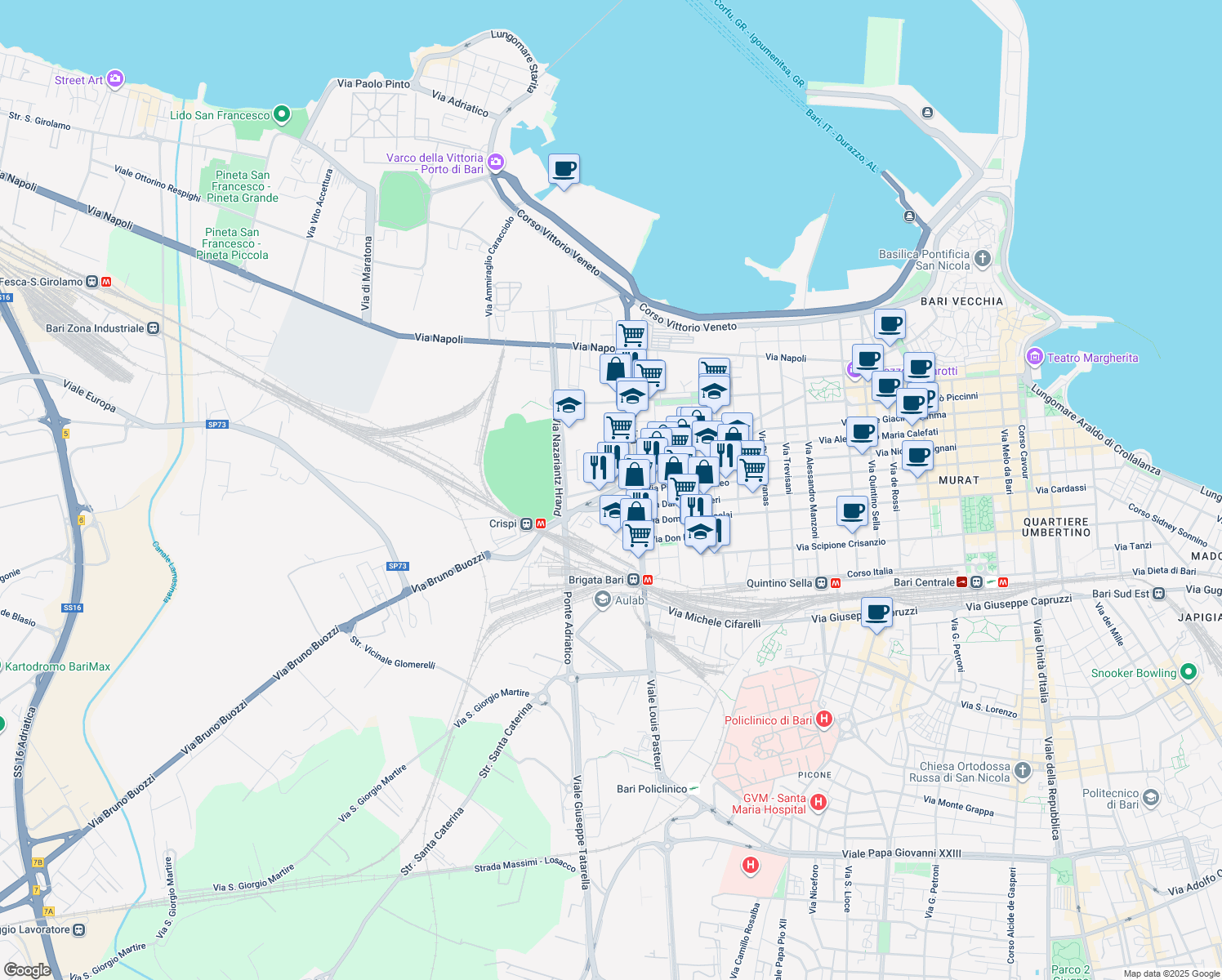 map of restaurants, bars, coffee shops, grocery stores, and more near 39 Via Mario Pagano in Bari