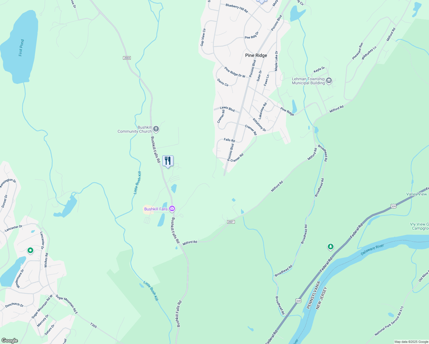 map of restaurants, bars, coffee shops, grocery stores, and more near Falls Road in Pine Ridge