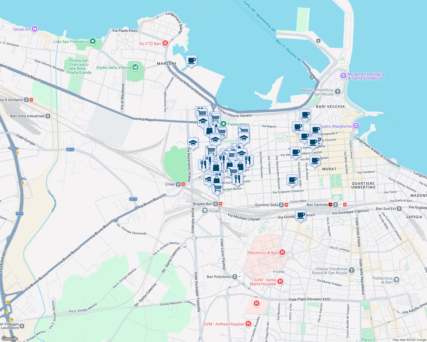 map of restaurants, bars, coffee shops, grocery stores, and more near 11 Via Celio e Vincenzo Sabini in Bari